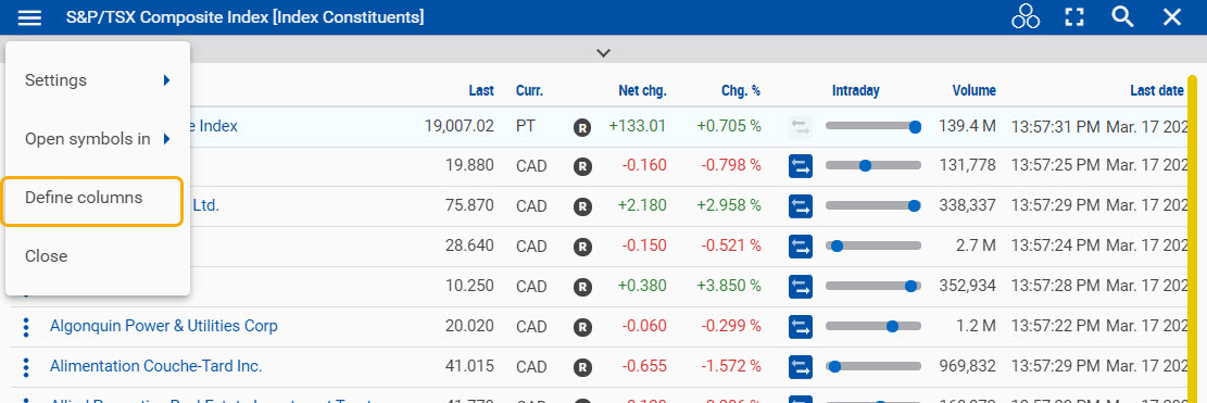 Defining columns in an index constituents using the widget menu. 